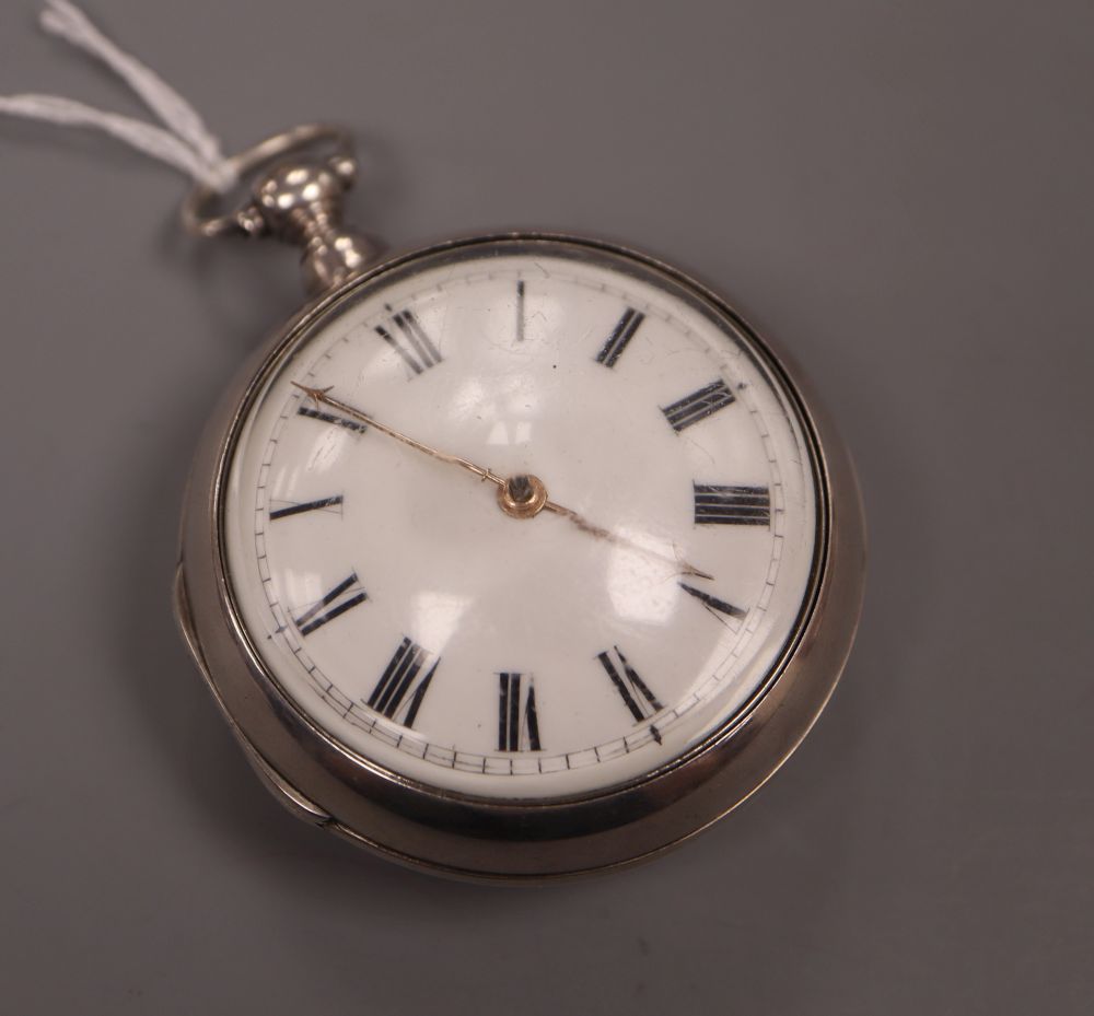 A late George III silver pair cased keywind verge pocket watch by Jas Shilling, Milton, with Roman dial, the signed movement numbered